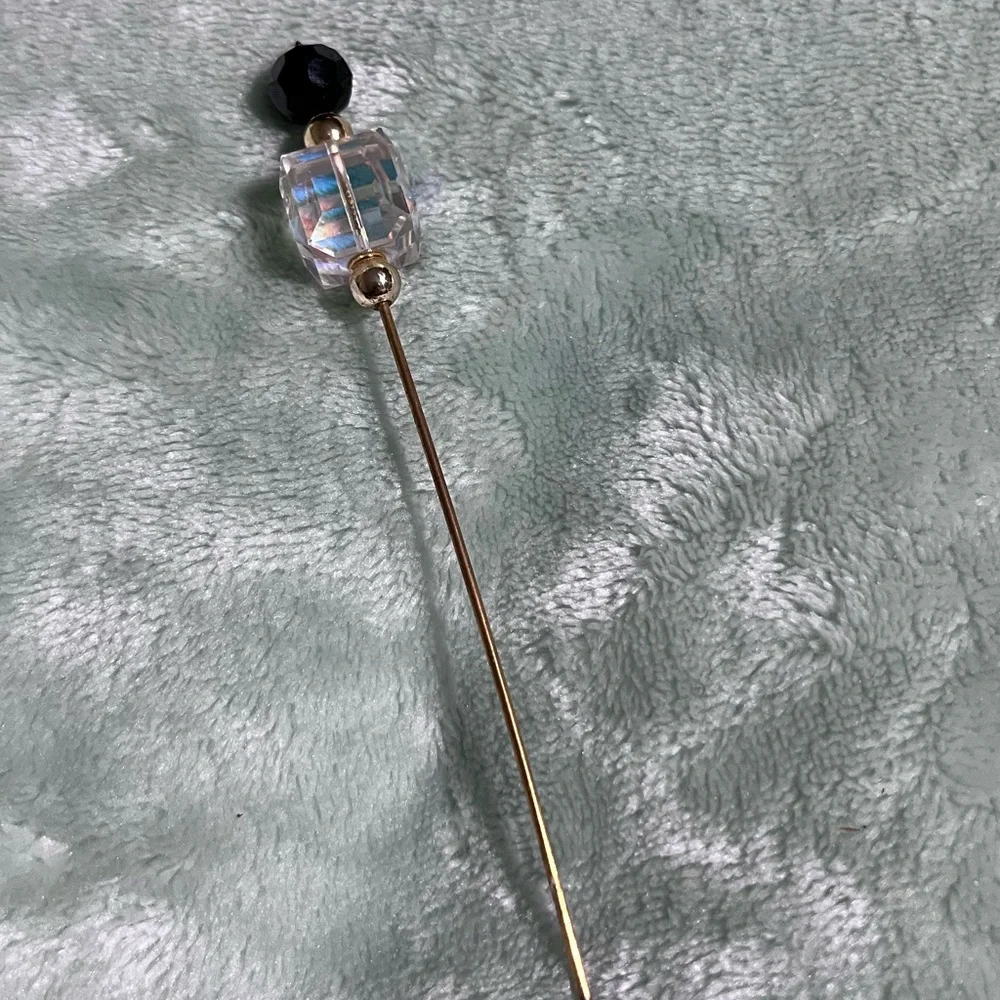 Vintage Iridescent Faceted Crystal Stick Pin Hat Pin Gold Tone 4” Black Bead